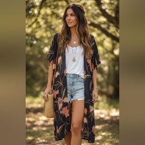 LOFT Black Floral Kimono Size XS/S